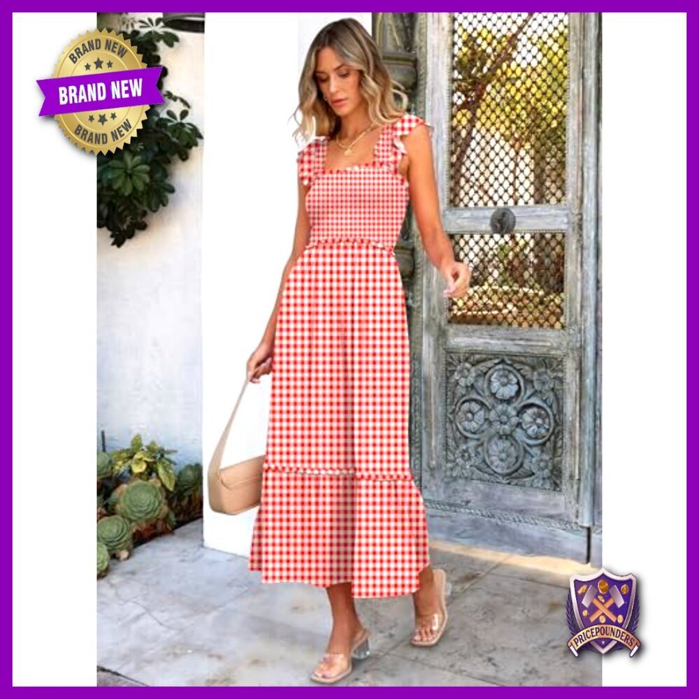 Sleeveless Maxi Dress Square Neck Smocked Boho Casual Ruffle Strap Flowy A-Line - Picture 4 of 6